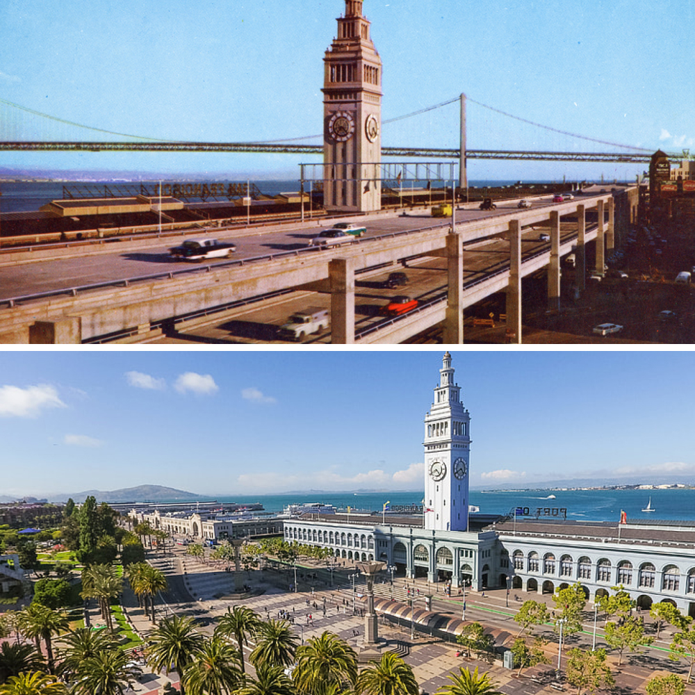 The ferry building shot from roughly the same location with and without the Embarcadero highway The ferry building shot from roughly the same location with and without the Embarcadero highway